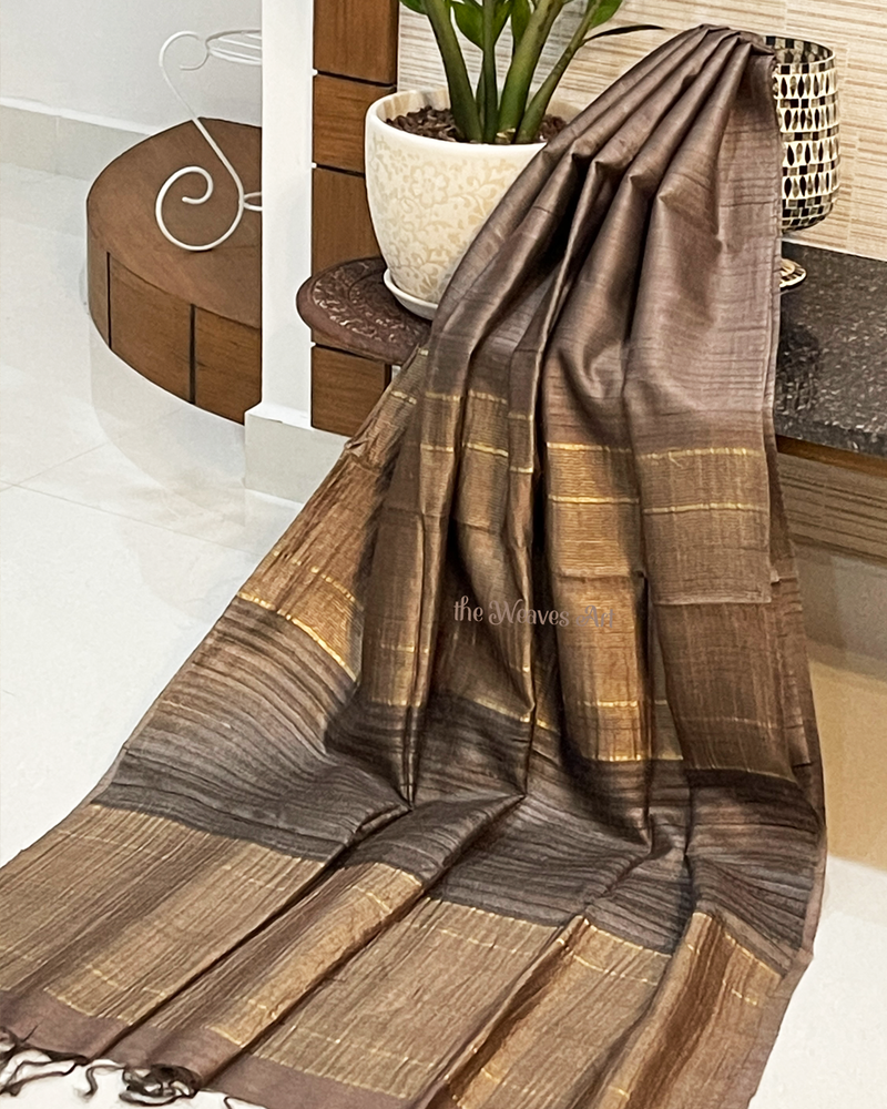 Wenge Color Bhagalpuri Pure Tussar Silk Saree with Giccha Silk Pallu