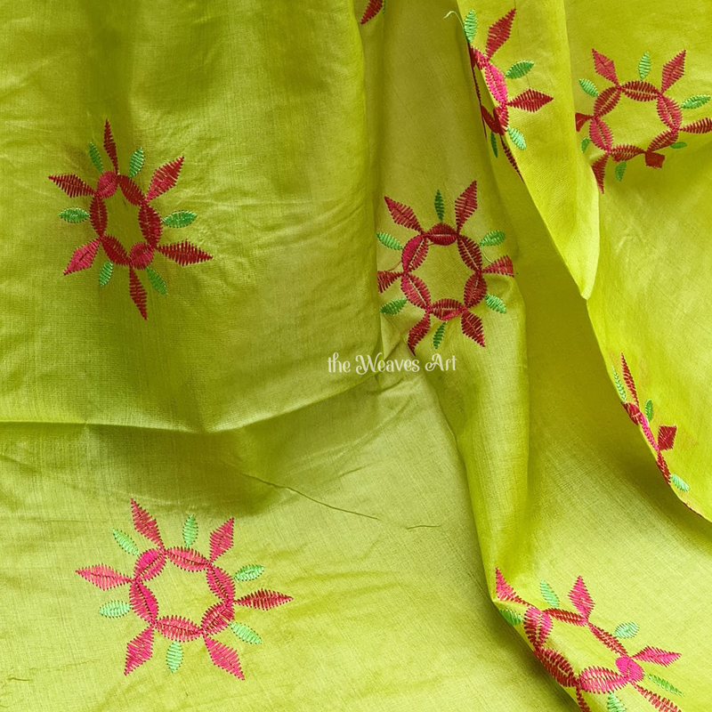 Vintage Chartreuse Tussar Silk Embroidery Saree