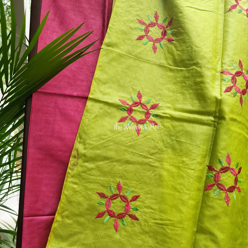 Vintage Chartreuse Tussar Silk Embroidery Saree
