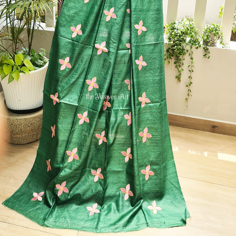 Sea Green Desi Ghicha Silk Embroidery Saree