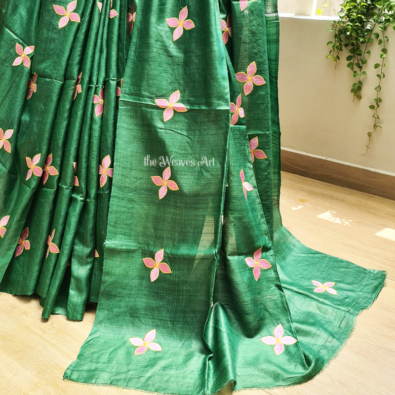 Sea Green Desi Ghicha Silk Embroidery Saree