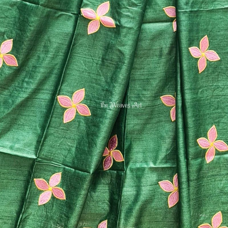 Sea Green Desi Ghicha Silk Embroidery Saree