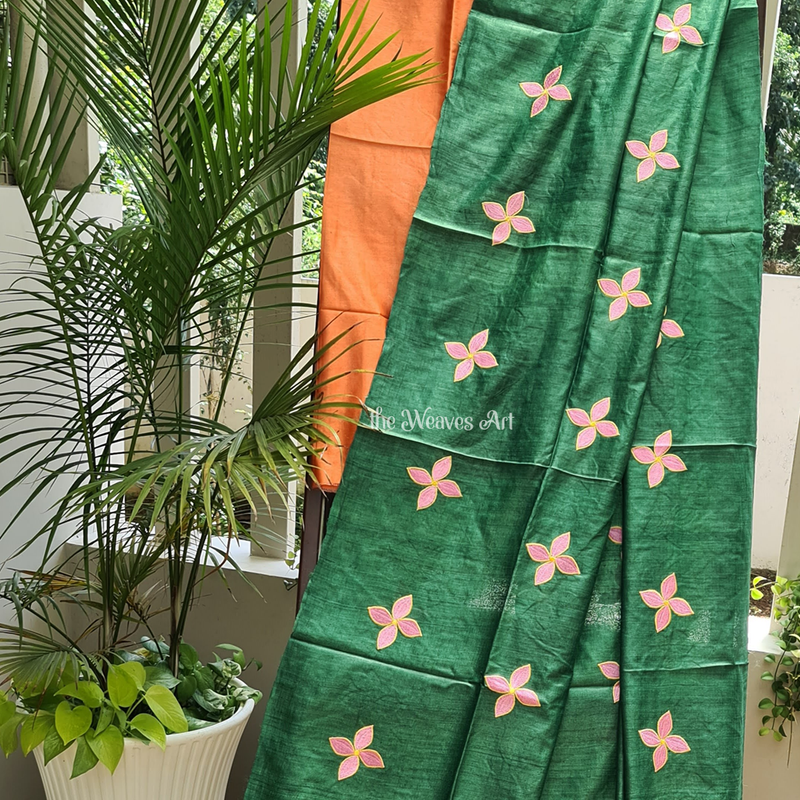 Sea Green Desi Ghicha Silk Embroidery Saree