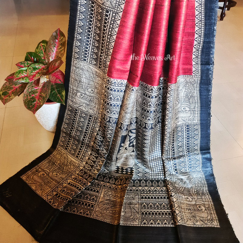 Ruben Red Ghicha Silk Madhubani art Saree