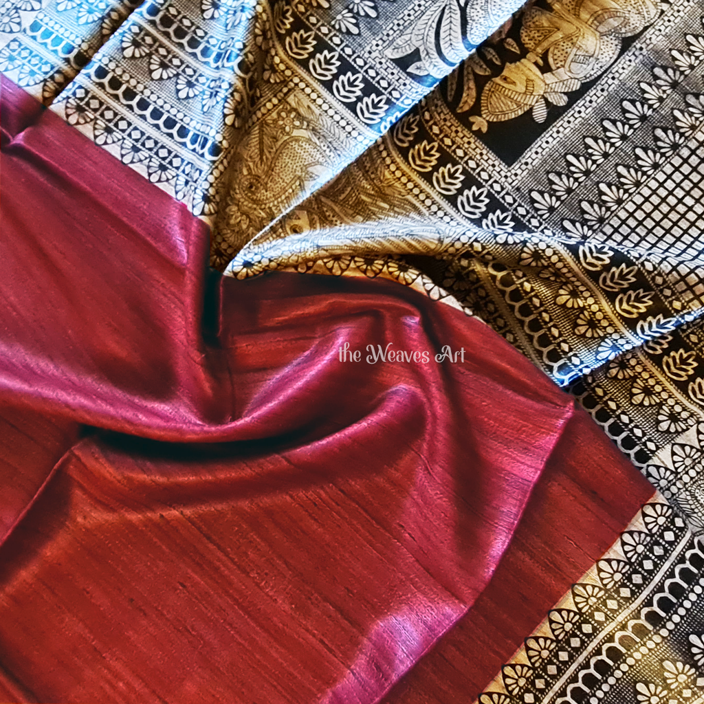 Ruben Red Ghicha Silk Madhubani art Saree