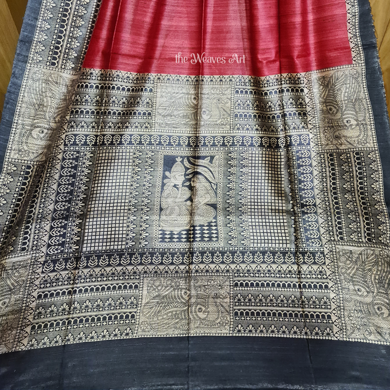 Ruben Red Ghicha Silk Madhubani art Saree