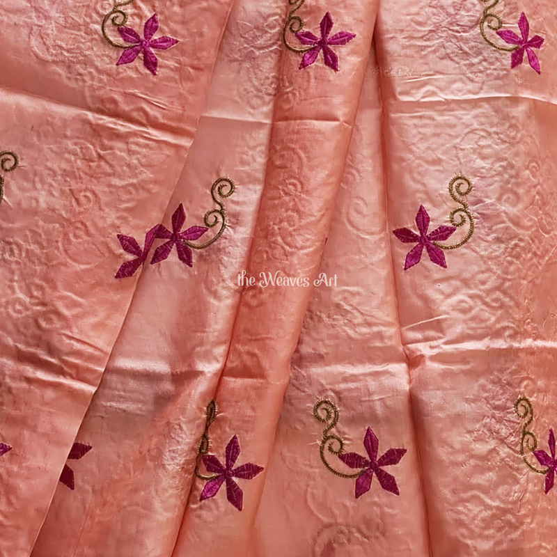 Peach Amber Tussar Ghicha Silk Embroidery Saree