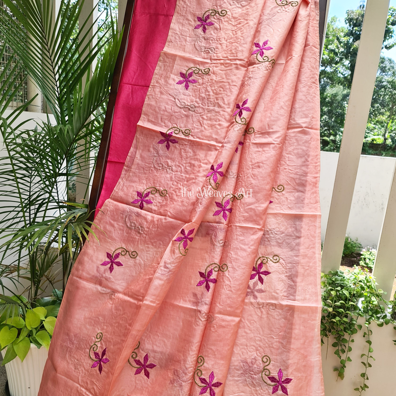 Peach Amber Tussar Ghicha Silk Embroidery Saree