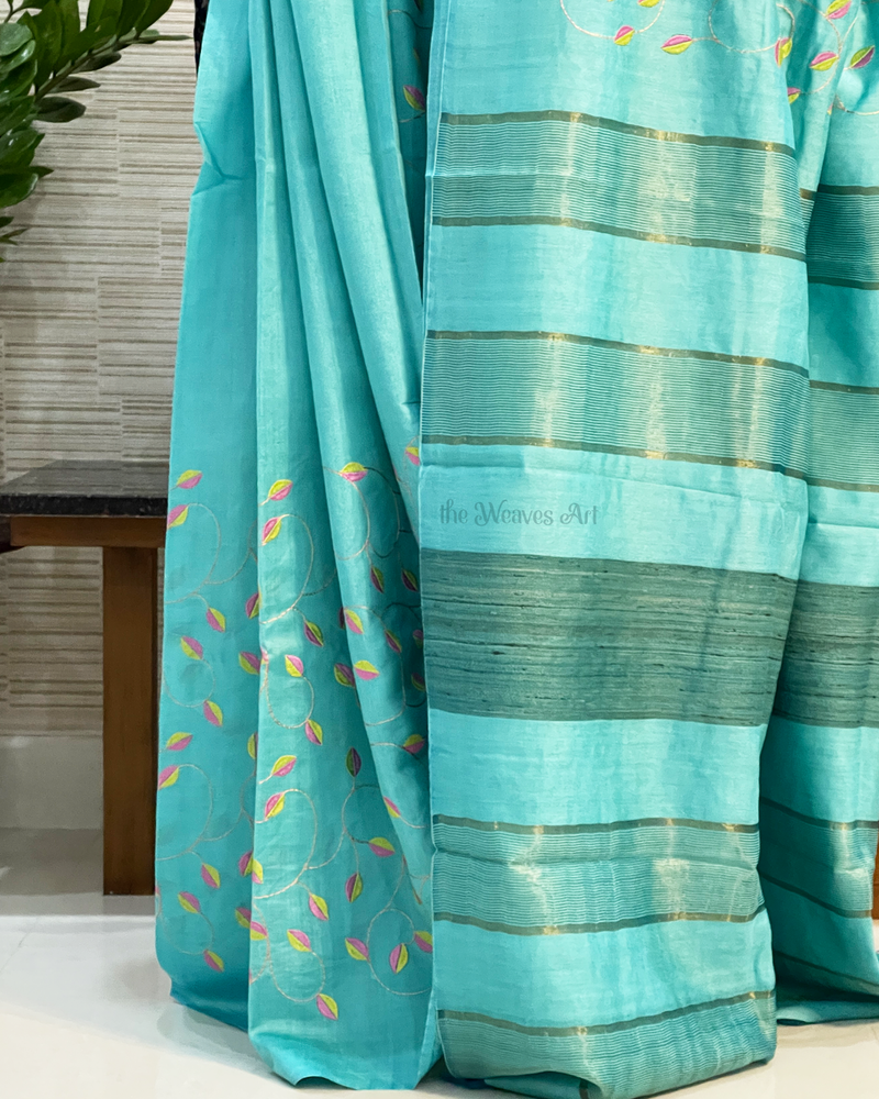 Sky blue color Bhagalpuri Pure Tussar Silk Embroidery Saree