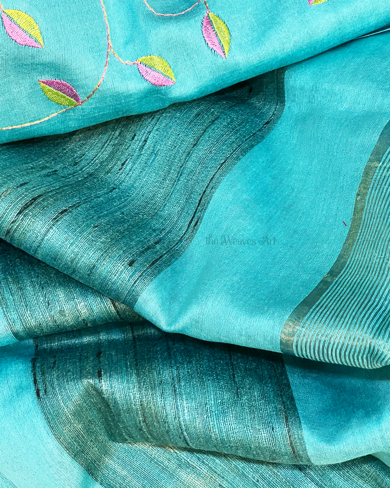 Sky blue color Bhagalpuri Pure Tussar Silk Embroidery Saree