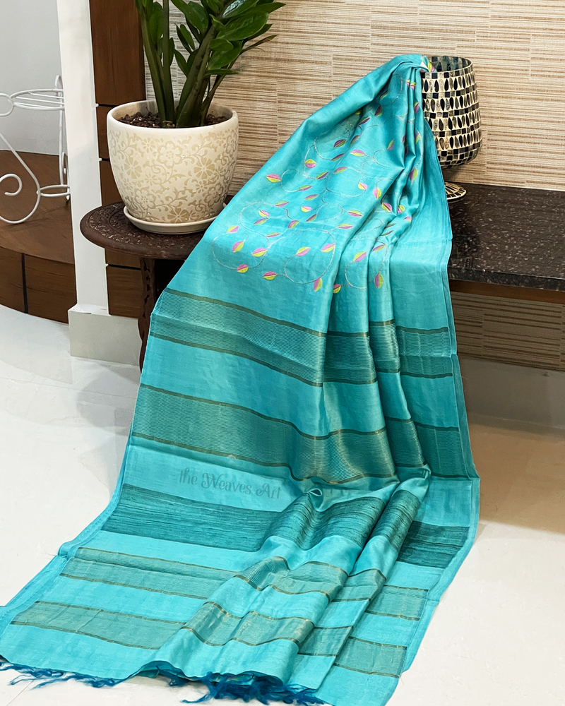 Sky blue color Bhagalpuri Pure Tussar Silk Embroidery Saree