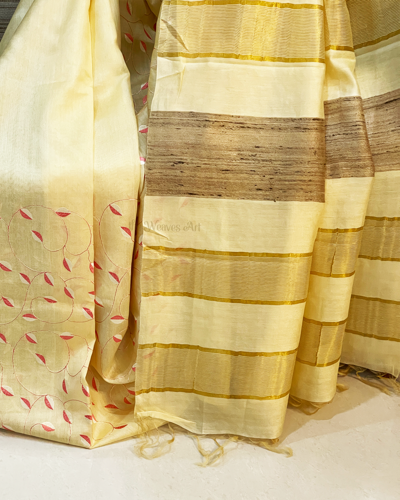 Corn Silk Color Bhagalpuri Pure Tussar Silk Embroidery Saree
