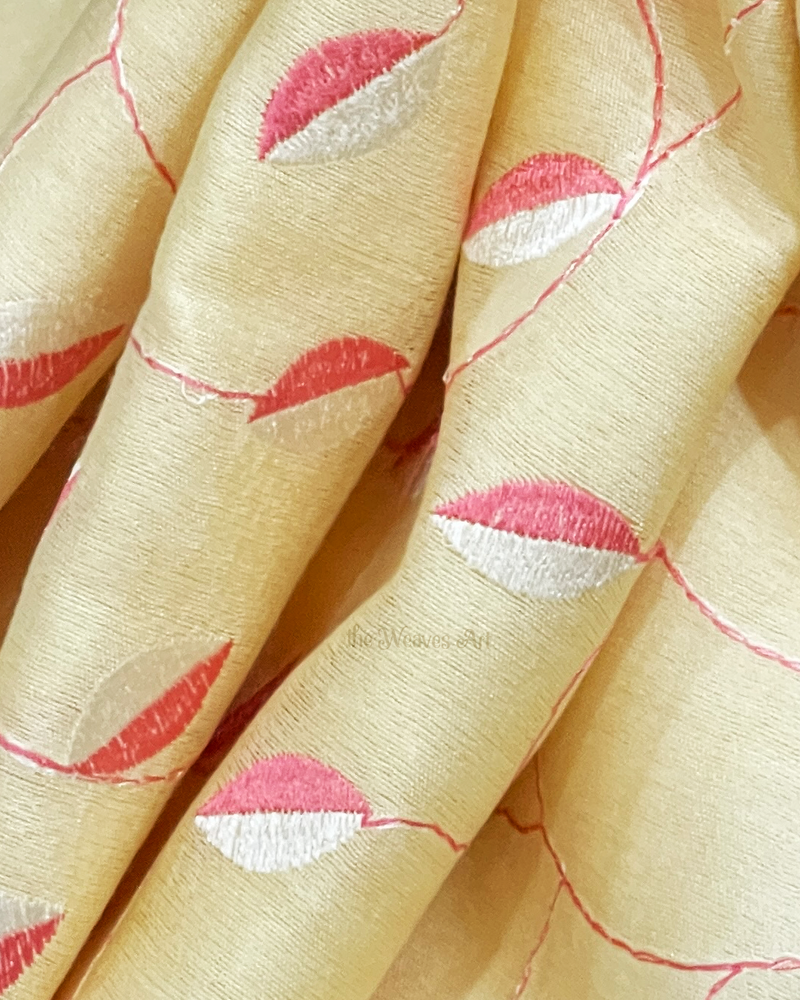 Corn Silk Color Bhagalpuri Pure Tussar Silk Embroidery Saree