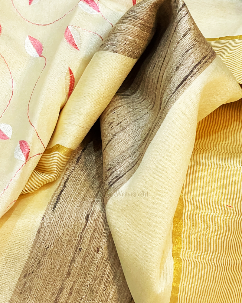 Corn Silk Color Bhagalpuri Pure Tussar Silk Embroidery Saree