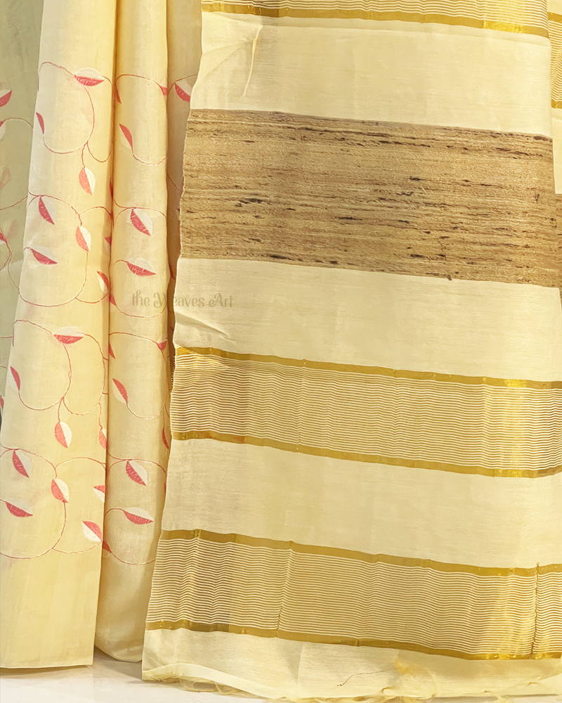 Corn Silk Color Bhagalpuri Pure Tussar Silk Embroidery Saree