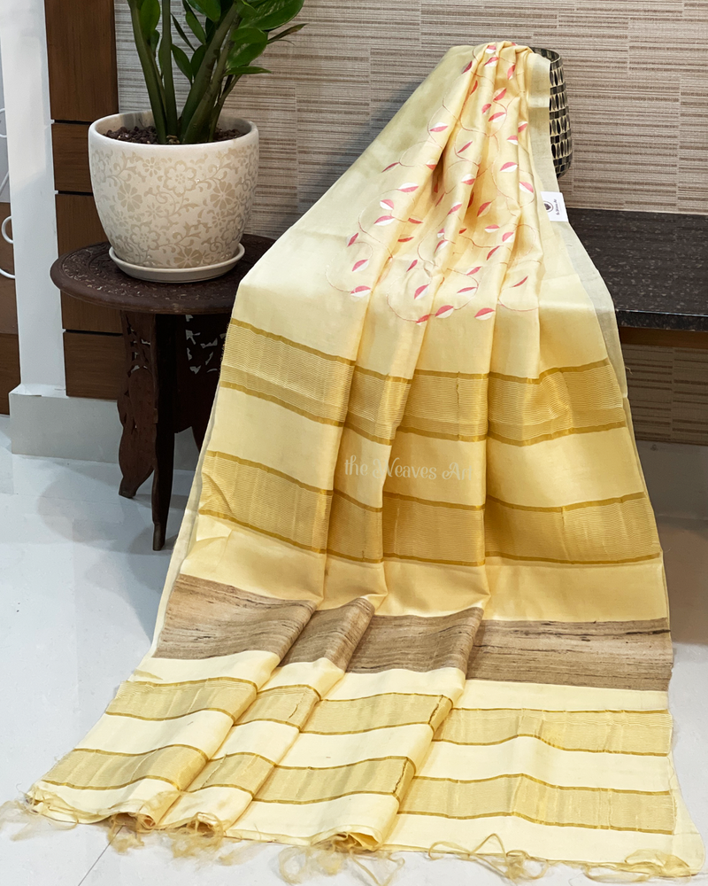 Corn Silk Color Bhagalpuri Pure Tussar Silk Embroidery Saree