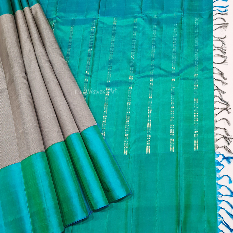 Handwoven Pin Checks Korvai Kanchipuram Pure Silk Saree