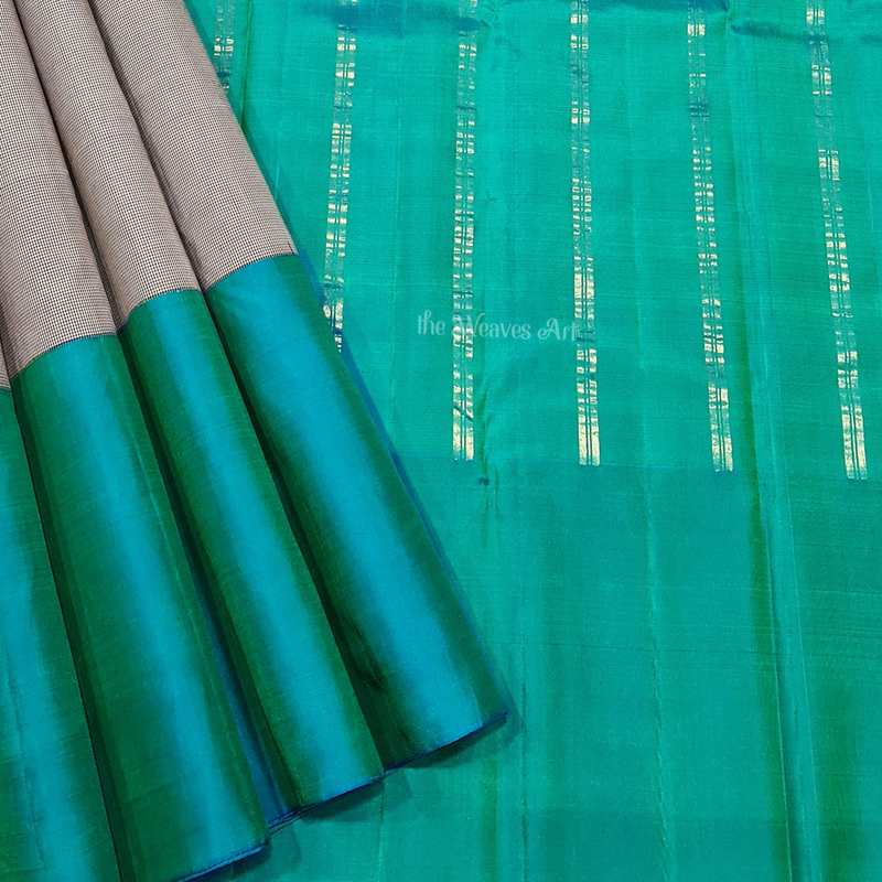 Handwoven Pin Checks Korvai Kanchipuram Pure Silk Saree