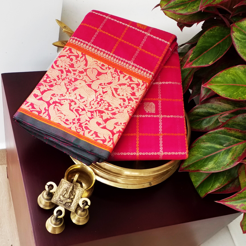 Barbie Pink Handloom Veldhari Checks Kanchi Cotton Saree