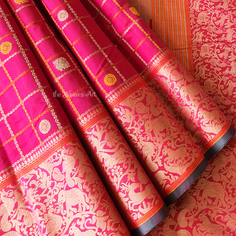 Barbie Pink Handloom Veldhari Checks Kanchi Cotton Saree