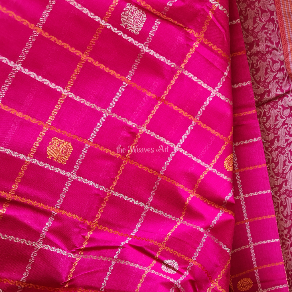 Barbie Pink Handloom Veldhari Checks Kanchi Cotton Saree