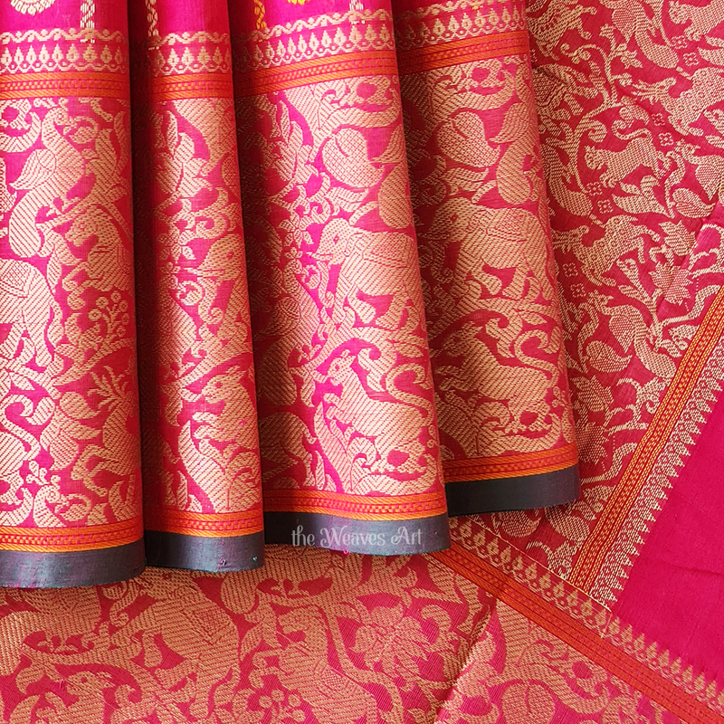 Barbie Pink Handloom Veldhari Checks Kanchi Cotton Saree