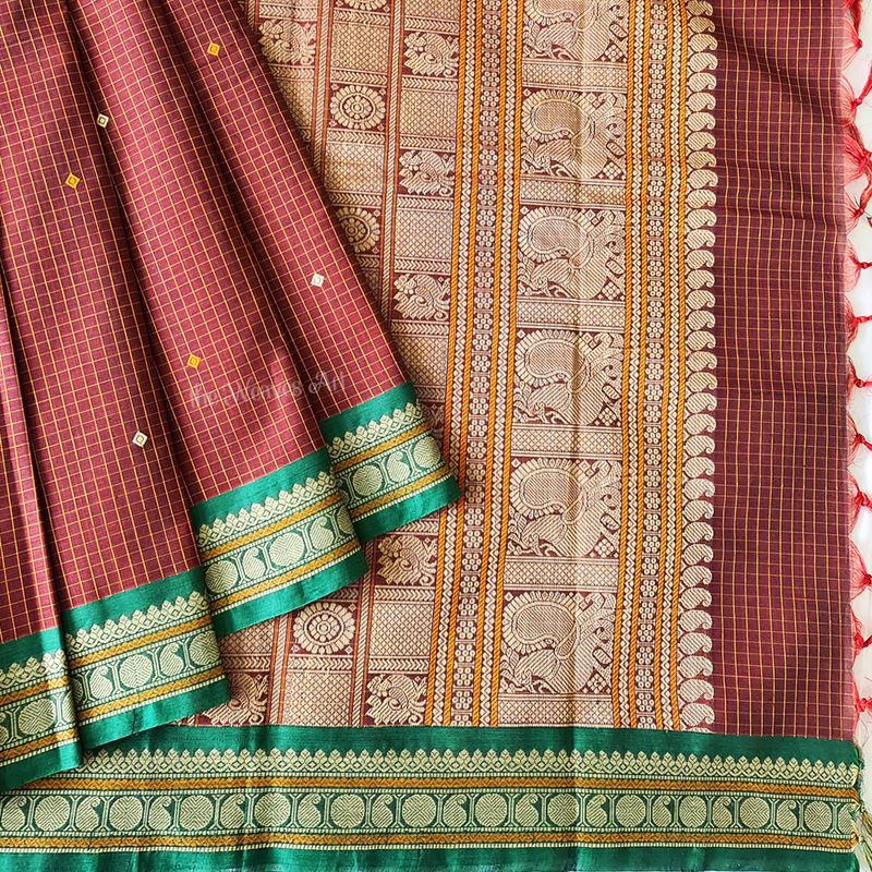 Garnet Red Handloom Muthu Kattam Kanchi Cotton Saree