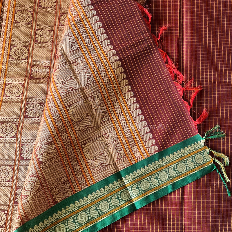 Garnet Red Handloom Muthu Kattam Kanchi Cotton Saree