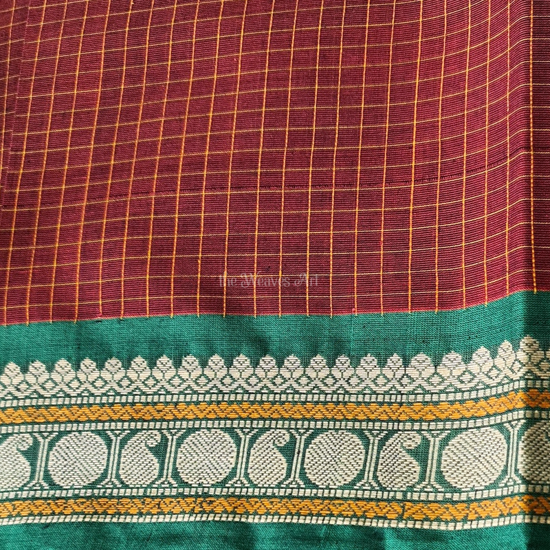 Garnet Red Handloom Muthu Kattam Kanchi Cotton Saree