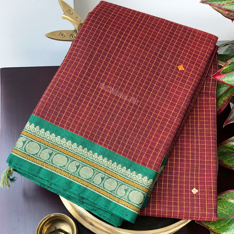 Garnet Red Handloom Muthu Kattam Kanchi Cotton Saree