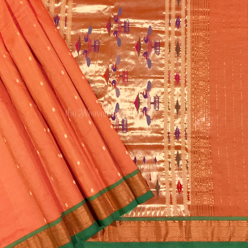 Mandarin Color Traditional Handloom Cotton Paithani Saree