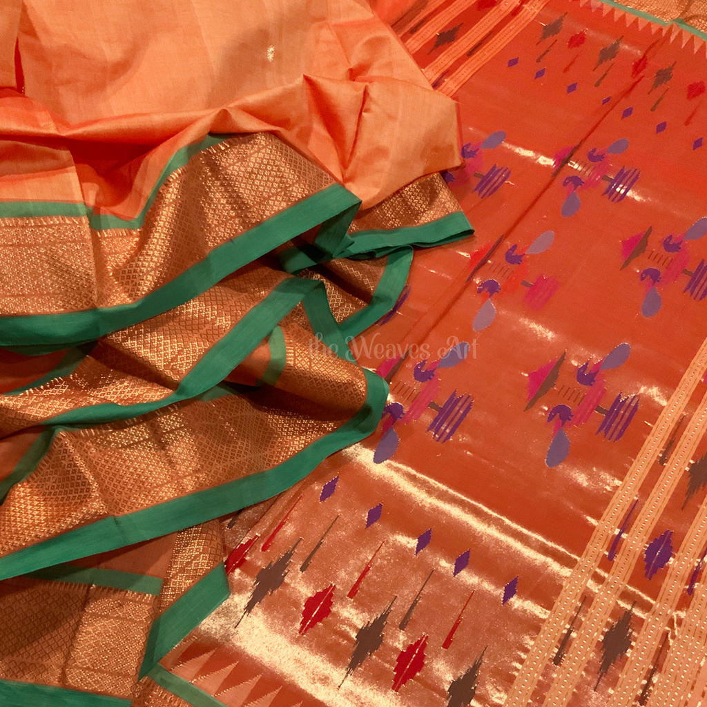 Mandarin Color Traditional Handloom Cotton Paithani Saree
