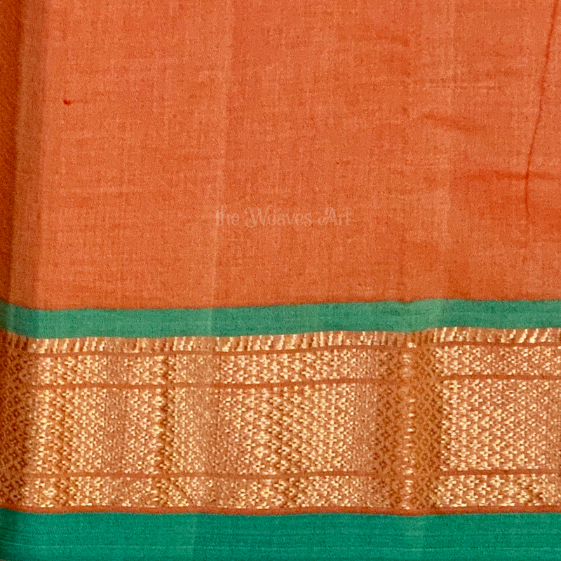 Mandarin Color Traditional Handloom Cotton Paithani Saree